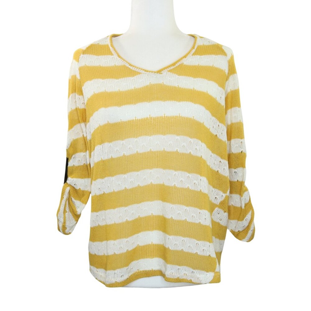 Umgee Yellow &amp; White Open Knit Pullover Lightweight Sweater Roll Tab